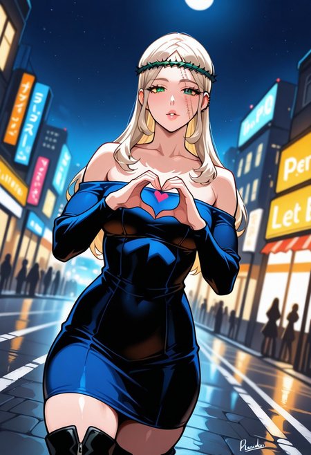 MorenaPrudoHxH, 1girl, solo, tall woman, slim woman, almond-shaped brown eyes, long hair, dark blue hair, piercings left ear, two parallel scars on face, puffy lips, green crown of thorns, collarbone, large breast, bare shoulders, shoulder-less dress, dark dress, tight dress,  long sleeves, thick thigh, black boots,
,seductive pose, sexy pose, tease, 
masterpiece, best quality, ultra-detailed, very aesthetic, detailed background, very aesthetic, newest, scenery, highres, 4k, absurdres, 8k, colorful,vibrant, glowing, , 2d, perfect eyes, detailed eyes, 
 masterpiece, best quality, ultra-detailed, very aesthetic, newest, scenery, absurdres, perfect anatomy, , perfect face, perfect eyes, mature body, clear eyes, beautiful eyes, athletic, curvy body, athletic girl, perky tits, perfect tits, round breasts, pinup pose, teasing, lustful expression,
muscular female, dutch angle,
standing , heart hand duo, cowboy shot, looking at viewer, dutch angle, looking at viewer, street , city , crossroads,moonlight ,aesthetic, (masterpiece), best quality, newest, highres, absurdres, traditional media 
,detailed eyes,Smooth Negative, highres, absurdres,   uncensored,