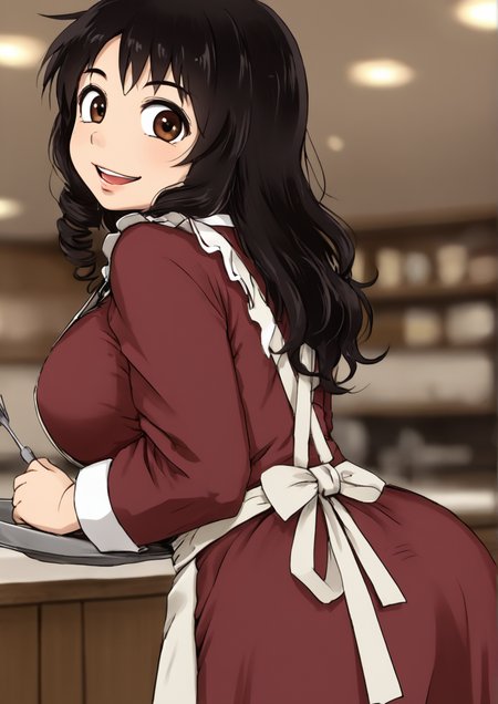 1girl, huge breast, young girl, apron, black hair, blurry, blurry background, brown dress, brown eyes, curly hair, depth of field, dress, from side, lips, long hair, long sleeves, looking at viewer, looking back, nose, open mouth, parted lips, smile, solo, tareme, teeth, waitress, <lora:nice_tackãã¤ã¹å®:1>