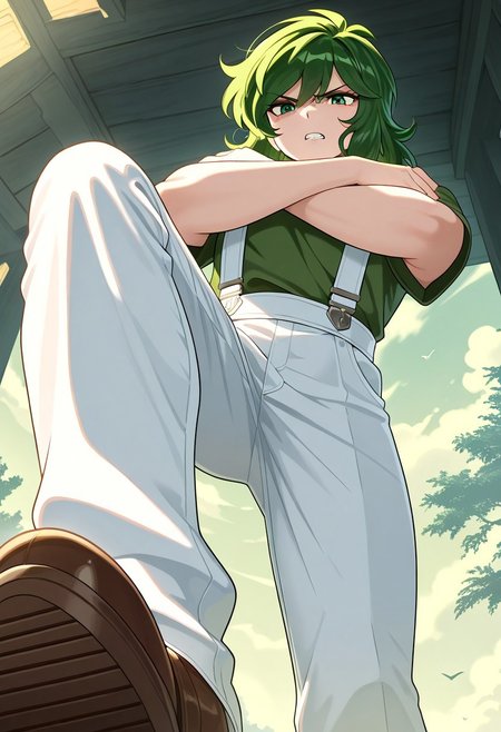 masterpiece, best quality, amazing quality, very aesthetic, absurdres, newest, (view from below:2), ANDROMESHUN, SHUNPLAIN, slender figure, long wavy green hair, green eyes, green shirt, white overalls, brown shoes, angry, scowl, crossed arms