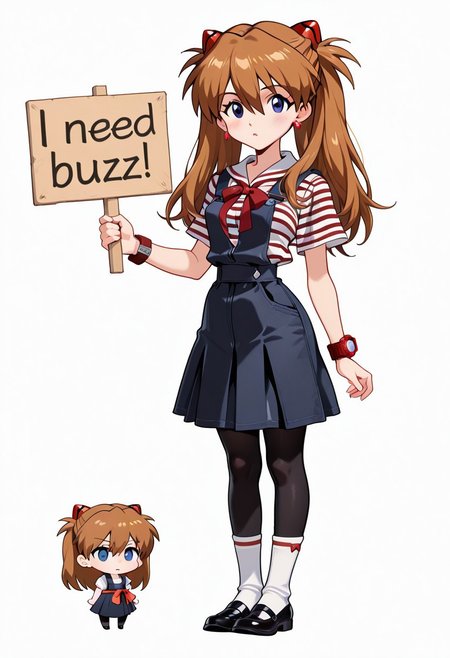 masterpiece, need_buzz, holding sign, neon genesis evangelion Asuka Shikinami Langley,chibi,chibi style, 
1girl, solo, white background, cute school uniform with dark blue pleated overalls dresses over a white button up blouse with short puffed sleeves and a red bow attached to the collar, jewelry, pantyhose, dark blue eyes, orange-reddish and loose hair, flanks of hair held in twin tails, black Mary Jane shoes, full body, white knee socks with red stripes, red watch on wrist, earrings, striped shirt, sash, black pantyhose,
One hand is holding the sign as the other pulls up her shirt to reveal her supple breast, a way to convince the viewers.