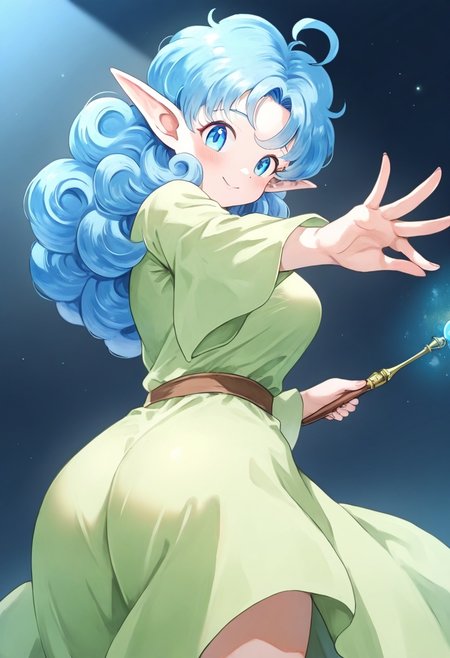 1girl, solo, female, adult, milf, idol face, cute face, 28-yo,
<lora:Rumy_Fortune_Quest_Ver2.0_IS:0.6:0.2>Rumy\(Fortune_Quest\), 
blue eyes, pointy ears, blue hair, curly hair, ahoge, light green robe, holding magic wand,
masterpiece, extremely aesthetic, highly detailed, dynamic composition,