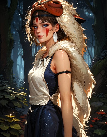 score_9, score_8_up, score_7_up, score_6_up, score_5_up, score_4_up,   san, 1girl, full body, side view, standing, spreading hands, hands to sides, solo, short hair, brown hair, gray eyes, headband, face paint, earrings, white sleeveless top, navy under dress, arm cuffs, fur headdress, fur cape, light-skinned female, female focus, looking at viewer, smiling, forest, (blush:1.1)