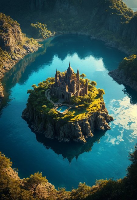 Breathtaking views, mystical place, detailed landscape, lighting, An island in the middle of the water, double exposure, water only, Reflection, clear and beautiful, sunlight, blue sky, day, beautiful view,  depth of field, masterpiece, best quality, 8k, ultra-detailed, very aesthetic, illustration, superb composition, finest details, intricate details, absurdres, high contrast, RAW, concept art, perfect composition, aerial view