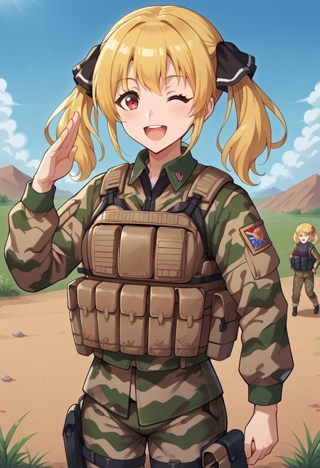 1girl, solo, lalalofr, blonde hair, twintails, hair ribbon, red eyes, military combat uniform, camouflage jacket, camouflage, load bearing best, camouflage pants, soldier, bulletproof vest, outdoors, grass, salute, wink, open mouth, smile,