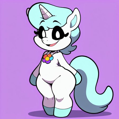 masterpiece, best quality, newest, amazing quality, highres, very aesthetic, absurdes, solo, adorable, huge hips, cartoony, anthro, light blue hair, light blue tail, necklace with a multicolored flower symbol, unicorn horn, back sclera, white pupils, furry, unicorn