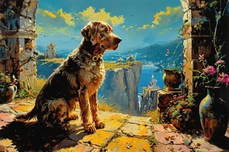 <lora:tbh182-sdxl:1> style of Clyde Caldwell, painting, wide angle of a glamourous cozy Weimaraner, Sharp and in focus, Bright design, epic fantasy, trending on CGSociety, magnificent, concept art, intense, dynamic background, very, ambient illumination, background inspired, dynamic dramatic atmosphere