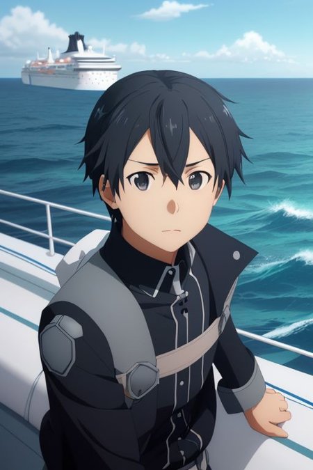 high resolution, solo, best quality, 1Boy, Kazuto Kirigaya, portraits, Black Hair, Black Eyes, sea, bow cruise ship, stong wind, ocean, OverallDetail
