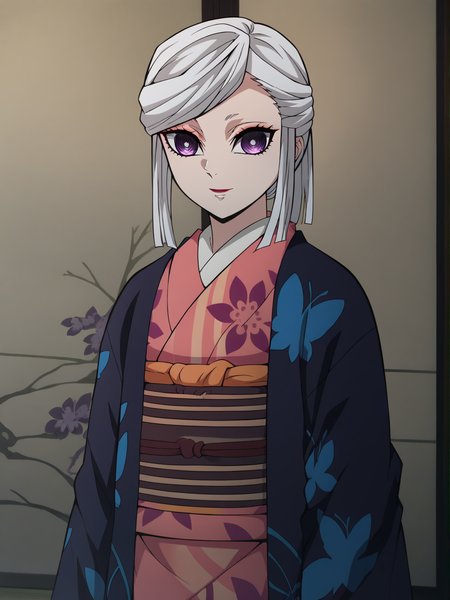 <lora:Amane_Ubuyashiki-Kimetsu_no_Yaiba:1>,amane,1girl,solo,makeup,white hair,purple eyes,shiny skin,japanese clothes,kimono,sash,obi,cowboy shot,arms at sides, smile,indoors,looking at viewer,
