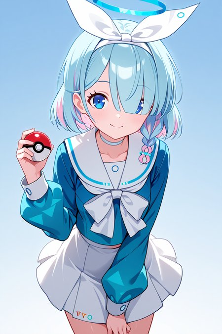 masterpiece, best quality, 1girl, solo, 21 year old model, eyelashes, (beautiful eyes),     ,,, zzArona, blue eyes, blue hair, hair over one eye, bangs, blue halo, mechanical halo, long sleeves, ribbon, school uniform, serafuku, skirt, white skirt, <lora:AronaBlueArchiveIXL:1.0>,  (holding pokeball), dynamic pose, cowboy shot, leaning forward, smile, looking at viewer, shiny skin,