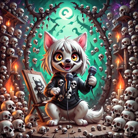 dog girl dressed in an elaborate collection of skulls covering her in a majestic way holding microphone, music studio, painting of cute skulls, pg safe