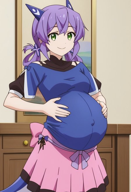 best quality, masterpiece, 4k, perfect lighting, very aesthetic, anime, anime coloring, official art, anime screencap, bedroom, (large pregnant belly:1.3), happy, smile, (hands on belly:1.5),
flatorte, purple_hair, hair_ornament, green_eyes, horns, long_hair, short_sleeves, (blue shirt:1.5), twintails, skirt, tail
(pregnancy clothes:1.5), (covered belly:1.5)
standing, full body