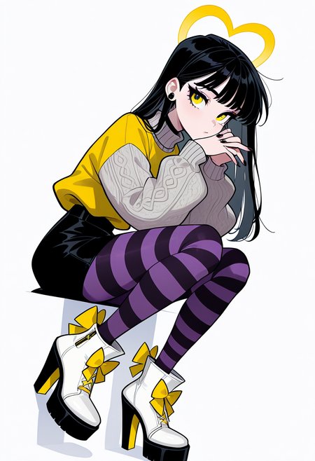masterpiece, best quality, 1girl, solo, eyelashes, (beautiful eyes),    C0utur3Cr4z3, 1girl, solo, skirt, simple background, shirt, long sleeves, white background, bow, standing, full body, pantyhose, shoes, striped, black skirt, nail polish, high heels, sweater, fur trim, white footwear, own hands together, black nails, yellow bow, striped bow, striped pantyhose, footwear bow, purple pantyhose,  sitting, knee up,  <lora:Style60_IXL:1.0>,