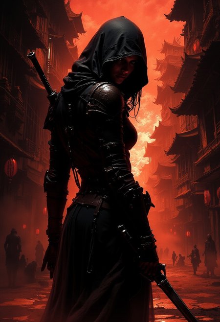 detailed renaissance oil painting, masterpiece, FredFraiStyle, female japanese ninja assassin, hood, chiascuro, silhouetted, weapons, directional lighting, masterpiece, perfect composition, perfect hands, cowboy shot, veiwed from side, turning to look at viewer, cyberpunk alleyway at sunset