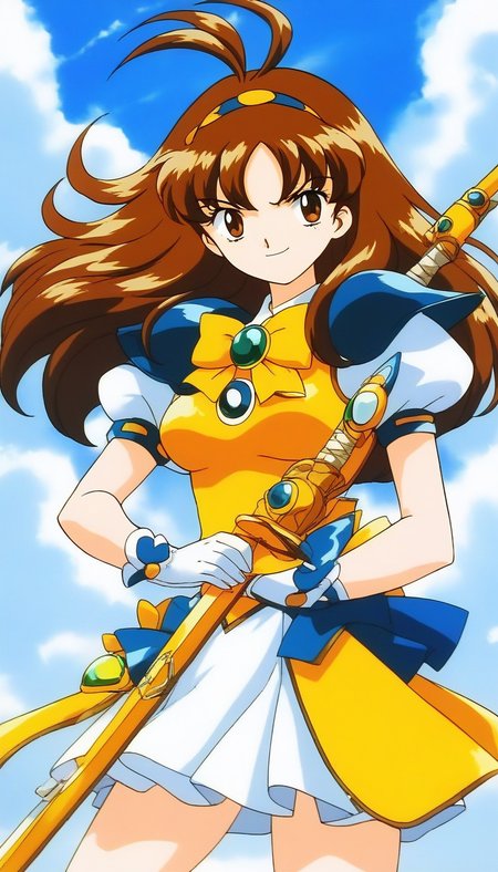 score_9, score_8_up, score_7_up, source_anime, rating_explicit, BREAK  <lora:Tsurugino_Mai_XL:1> Tsurugino_Mai, 1girl, solo, brown hair, weapon, gloves, sword, long hair, holding,  medium breasts,
1990s (style), brown eyes, bow, yellow bow, holding weapon, holding sword, magical girl, serious smile,
hairband, skirt, short sleeves, white gloves, Yellow armor, dress, white skirt, blue shoulder armor,
looking at viewer, antenna hair, puffy sleeves, bangs, puffy short sleeves,
outdoor, day, sky,