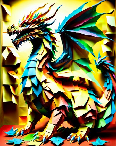 a massive colorful dragon made out of  Jed-StickyN, fantasy, epic, BREAK, AND, set against a gold leaf background, ultra wide shot, front view,
<lora:StickyNotesStyle:1>,  <lora:ral-toiletpaper:0.7>,  <lora:add-detail-xl:0.7>,  <lora:sd_xl_dpo_lora_v1:1>, <lora:xl_more_art-full_v1:0.3>