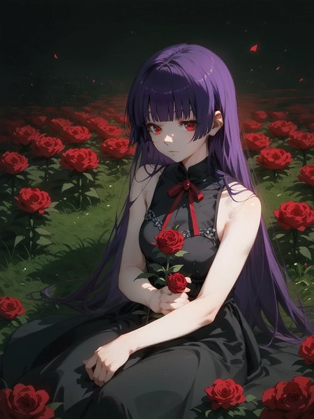 (score_9, score_8_up, score_7), 1girl,yuuko,purple hair, long hair, red eyes, blunt bangs, hime cut, black dress, sleeveless, bare shoulders, wariza sitting, flowers, dark, atmospheric,