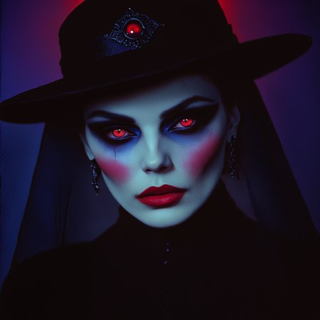 <lora:Mystic_Vogue_80s__Occult_PopSDXL:1> Mystic Vogue 80s Occult Pop, The image is a portrait of a woman with dark and eerie makeup. She is wearing a black hat with a veil covering her head and a black top. Her face is painted with red eyeshadow and her lips are painted a deep red color. She has a dramatic and eerie look with a hint of blue and purple lighting. The background is a gradient of blue creating a dramatic contrast with the dark outfit. The woman's face is illuminated by a soft light making her face stand out even more. The overall mood of the image is dark and mysterious., 1girl, solo, red eyes, hat, glowing eyes, earrings, jewelry, glowing, makeup, looking at viewer