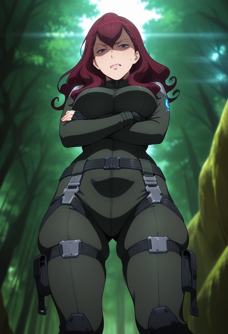 masterpiece, best quality, amazing quality, 1girl, solo, femieanneww, mature female, red eyes, red hair, long hair, curly hair, hair between eyes, lipstick, aldnoahsuit, bodysuit, breasts, , black fingerless gloves, black combat boots, <lora:Aldnoah_Zero_Femieanne_ill:1>, outdoors, shaded face, disgust, clenched teeth, sweat, looking at viewer, from below, standing, arms crossed, skindentation, detailed clothing folds, depth of field, sharp, high contrast, dynamic light