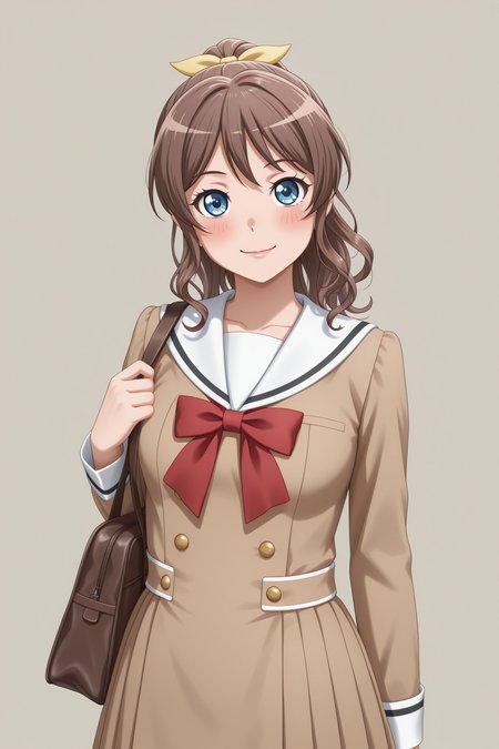 masterpiece, best quality, amazing quality, 1girl, solo, makeup, general, looking at viewer, blush, highres, cowboy shot, holding brown school bag, brown school wall, simple background, smile, <lora:Yamabuki_Saaya_Ban_Dori:1>, Yamabuki_Saaya_Ban_Dori, blue eyes, brown hair, long hair, ponytail, hair ribbon, bow, breasts, sidelocks, hanasakigawa school uniform, red bowtie, yellow ribbon, <lora:wai-2Rectified-V140:1>, <lora:illustrious_noobai_epsilon_pred_1_masterpieces_v1:1>