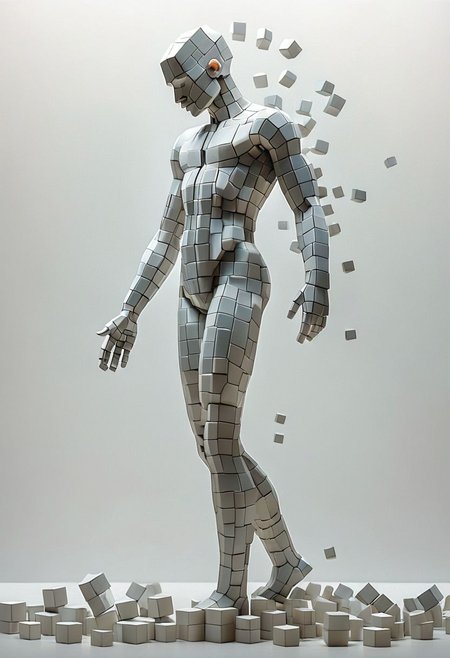 artcbd, Create an image of male figure composed entirely of cubes in various sizes. The figure should appear as if constructed from these geometric shapes, with distinct cubes forming the head, torso, arms, and legs. The cubes vary in size to represent different body parts proportionately, creating a visually interesting and abstract representation of a human body. The composition should be clear, with a focus on how the blocks assemble to mimic human anatomy. The background should be neutral to emphasize the figure