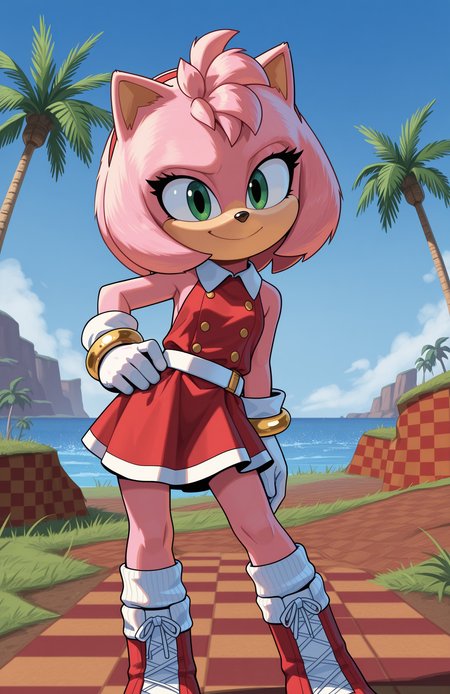 1girl, solo, full body, no humans,
<lora:Movie-Amy_v4-30:1> movieamy, petite, short legs, animal nose, pink fur, green eyes,
red hairband, red dress, sleeveless dress, backless outfit, white belt, collared dress, white socks, white gloves, standing, lace-up boots, red boots,
contrapposto, standing, smile, looking at viewer, hand on own hip, gold bracelet,
<lora:Green_Hill_Zone-IL:0.8> gr33nh1ll, outdoors, blue sky, palm tree, grass, water, checkered dirt, extremely detailed, highres, masterpiece, best quality