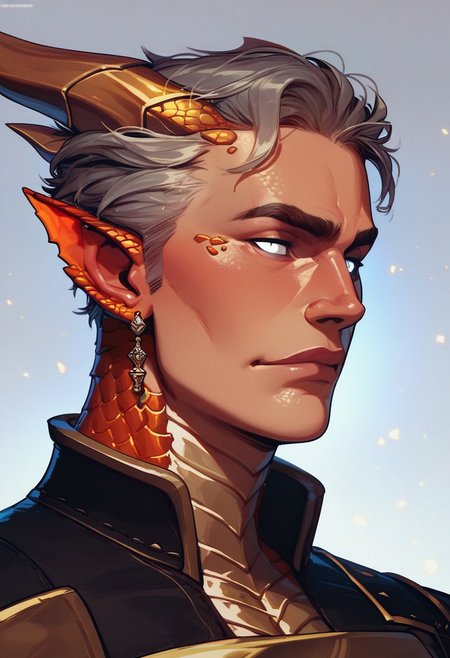 score_9, score_8_up, score_8, score_7_up, score_7, score_6_up, score_6, score_5_up, handsome man, light skin with a hint of red, glowing white eyes, silver hair, gold accessories, elegant outfit, armor, (dragon scales, dragon scales on face, gold scales:1.1), monster ears, jagged ears, emotionless expression, vox machine style, 1boy, male focus, solo, close up portrait , fantasy, sky background, (dynamic lighting:1.1)
((masterpiece))