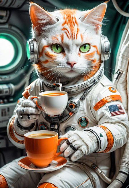 photo-realistic,
higly-detailed,
cat wearing a futuristic space suit,
serious expresssion
a orange and white kitty sipping a mug of hot coffee holding it with it's two front paws,
lapping up the coffee as if it were drinking water,
light green eyes,