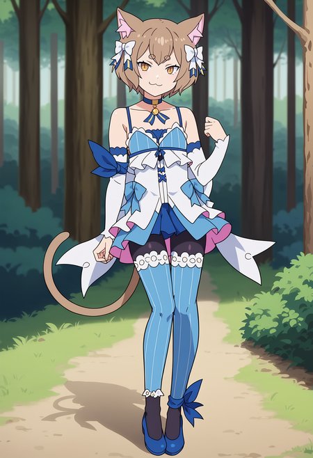 score_9, score_8_up, score_7_up, BREAK,
 <lora:FelixXL-000001:1>,1boy,solo,animal ears, hair bow, cat ears, brown hair, short hair, bangs, sleeveless dress, brown eyes, white bow, blue choker, bare shoulders,thick eyebrows, detached sleeves, looking at viewer, dress bow, pendant, cat tail, black pantyhose, arm ribbon, standing, slit pupils, smug, eyelashes, :3, thighhighs over pantyhose, blue footwear, ankle ribbon, blue thighhighs, otoko no ko, 
standing, full body, 
outdoors, forest,
anime screencap,