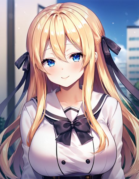score_9,score_8_up,score_7_up,score_6_up BREAK official art,solo,outdoors,upper body,(portrait:1.5),looking at viewer,facing viewer,smile,blush,Kujou Alice,very long hair,blonde hair,hair ribbon,black ribbon,sidelocks,hair between eyes,bangs,blue eyes,school uniform,blue bowtie,white jacket,white sailor collar,huge breasts,long sleeves,miniskirt,white skirt,pleated skirt,black thighhighs,zettai ryouiki,loafers,brown footwear,<lora:Kujou Alice(aamss)-Pony:1.5>,