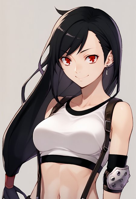 score_9, score_7_up BREAK solo, 1girl, smile, looking at viewer,  <lora:Yasuda-Suzuhito_GLoRA-pdxl_Fp:1>, <lora:tifa-pdxl-nvwls-v1:0.8>, defTif, red eyes, black hair, low-tied long hair, earrings, white sports bra, black suspenders, elbow pads,