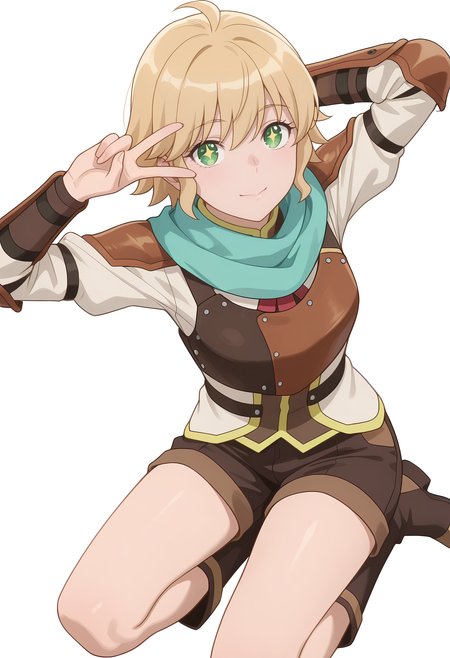 Smooth Quality,masterpiece,very intricate, high quality details, ultra realistic, high detailed skin,
simple background, white background,
from above,+ +,v over eye,reclining, arms folded behind head, one knee bent, looking up, peaceful mood,  ,
 <lora:Rembrandt_Yunocnn:0.8> rembrandtyuno/cnn, blonde hair, solo, green eyes,1girl,aqua scarf, 
armor, shorts,boots,