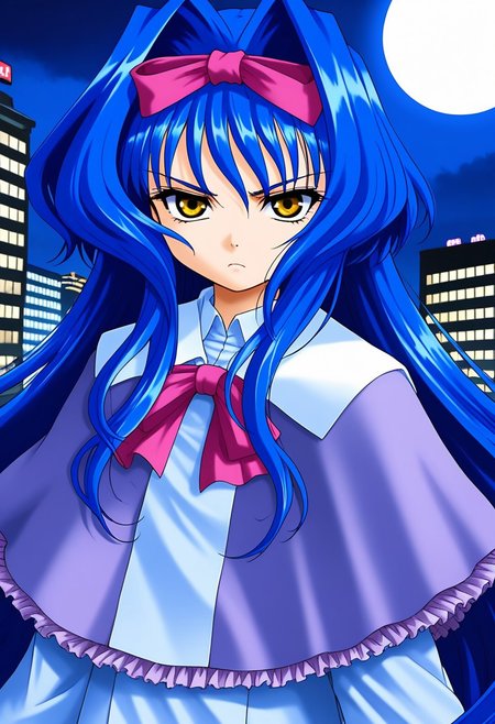 masterpiece, best quality, good quality, <lora:Shion_IES_IS:0.9> Shion_IES, very long hair, blue hair, hair bow, hair intakes, brown eyes, flat chest, short stack, serious,
 1girl, solo, bow, upper body, capelet, frills, yellow eyes, hair ribbon, looking at viewer,
night, moon, city,