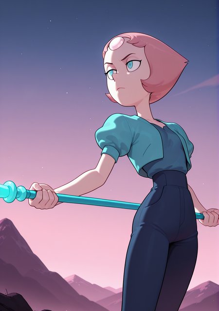 masterpiece, best quality, absurdres, amazing quality, 1girl, solo, small breasts, <lora:IlluPearl:1> illupearl, short hair, pink hair, blue eyes aqua cropped  jacket, dark blue shirt, shirt tucked in, dark blue pants, puffy short sleeves, pink footwear, serious, mountain, night, cowboy shot, holding weapon, polearm, two-handed, fighting stance,