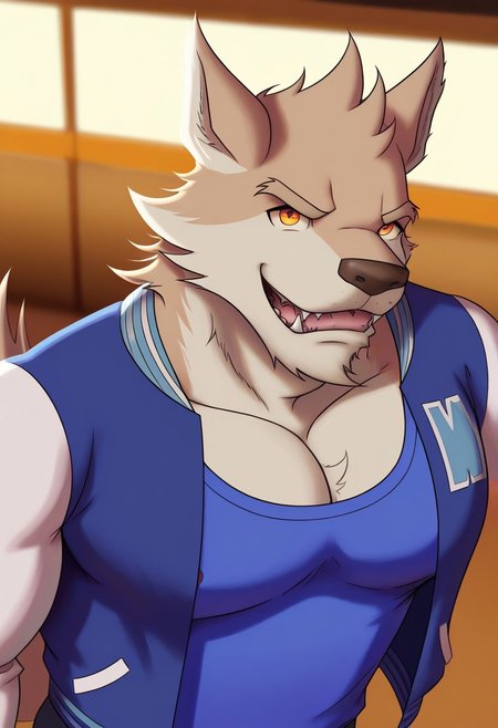 <lora:WyattBYH:1>, wyatt, wolf boy, wolf tail, orange eyes, perfecteyes, furry male, furry, brown fur, muscular male, bara, athletic build, large pectorals, solo, 1boy, beautiful, hyper-detailed, highres, amazing quality, very aesthetic, depth of field, vibrant colors, high sharpness, soft shading, dynamic angle, cinematic lighting, detailed background, blue tank top, letterman jacket, pectoral cleavage, open jacket, nipple slip, from above, close up, face focus, portrait, smile, fangs