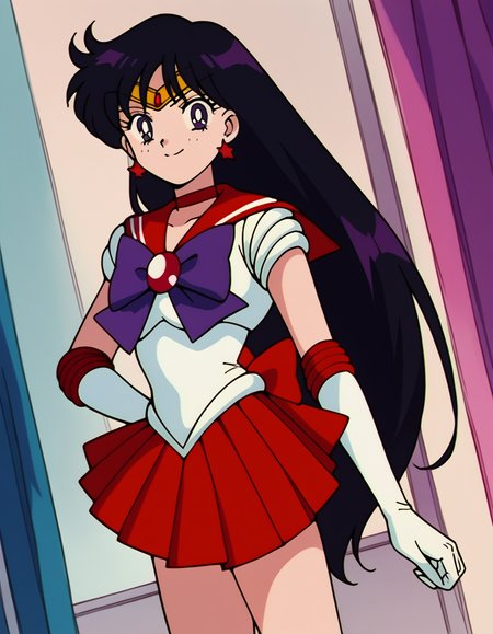 score_9, score_8_up, score_7_up, source_anime, <lora:rei-hino-s3-ponyxl-lora-nochekaiser:1>, rei hino, black hair, diadem, long hair, purple eyes, parted bangs,, gloves, magical girl, microskirt, pleated skirt, red skirt, sailor senshi uniform, skirt, white gloves, bow, purple bow, sailor collar, red sailor collar,, indoors, smile, looking at viewer, solo,, cowboy shot, dutch angle