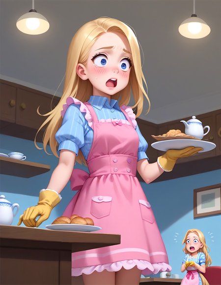 score_9, score_8_up, score_7_up, Casgas BREAK, 1girl, flat chest, tiny tits, young, solo, pretty, small breasts, surprised, scared, open mouth, raised eyebrows, long blonde hair, blue eyes, blush, blue shirt dress with short rolled-up sleeves, white corset shirt with small round buttons, pink apron tied at the back at the waist, yellow cleaning gloves, BREAK holding a big stack of white plates with two hands, falling plates, flying plates, standing, cowboy shot, semi-sideways, half-sideways, looking to the right, BREAK blue wallpaper with vertical sparse stripes, white tiles on the walls below the wallpaper