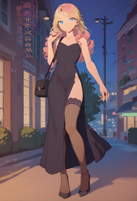 score_9, score_8_up, score_7_up, score_6_up, rating_explicit, vivid, vivid colors, colorful, eye catching, BREAK, solo female, 21 year old woman, (college girlfriend), (flat chest), (long legs), wide hips, curly hair, blue eyes, blonde to pink hair color gradient, high slit dress, black evening gown, sheer stockings, tiny black purse, outdoors, Manhattan, Greenwich Village, nighttime, at night, date with your beautiful girlfriend, loving, sweet, (smile:0.5),