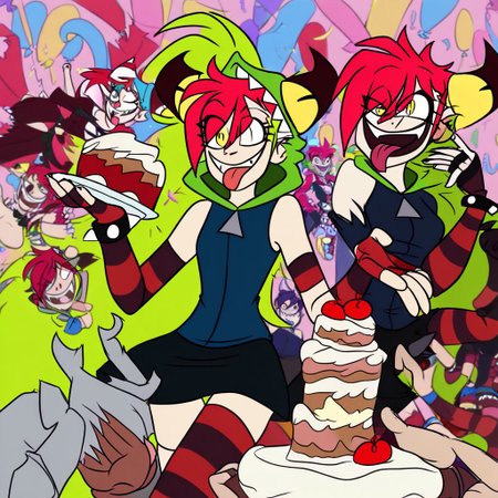 birthday party, cake, demencia, red hair, green ponytail, striped thighhighs, single striped sock, anklet, green monster hood, yellow eyes, sharp teeth, dark blue hoodie, single striped sleeve, red sneaker, blue sneaker, black skirt, smile, eyeshadow, spiked bracelet, zipper pull tab, torn pantyhose, glove, tongue out