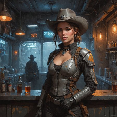An digital illustration (sci-fi) drawing masterpiece with depth of field, intricate details and the best quality art by, (petrus van schendel) (Hans Larwin) and (dorian cleavenger) with (luis royo), a young attractive [space cowboy] (mandalorian) bounty hunter, gunslinger, detailed oval face with delicate upturned nose with freckles, [cleavage],  standing by the counter in futuristic sci-fi cyberpunk industrial bar, neon lights sign, ceiling pipes, crt analog screen on the wall, metal walls,  fluorescent tube, riveting, wearing tight cowboy space suit with vest with [high collar], bandolier, armored, (cowboy hat), choker with pendant, <lora:add_detail:0.8>  <lora:aesthetic:0.8>   <lora:Cyberpunk _Anime_V2_light_version-SDXL:0.7> <lora:LaxpeintXL-2.0:0.5> <lora:extremely_detailed:0.5>  <lora:Desolation:0.3>