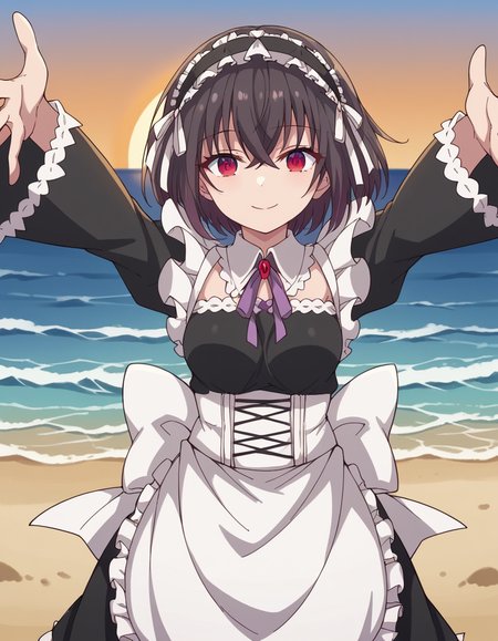 score_9, score_8_up, score_7_up, source_anime, <lora:shary-shadow-assassin-s1-ponyxl-lora-nochekaiser:1>, shary shadow assassin, short hair, black hair, red eyes, bangs, crossed bangs, medium breasts,, dress, apron, maid, maid headdress, frills, detached collar, long sleeves,, beach, sunset, walking along shore, footprints in sand, waves, peaceful, smile, on back, arm support, arms up, incoming hug, pov, reaching, reaching towards viewer,, looking at viewer, solo,, dutch angle, cowboy shot