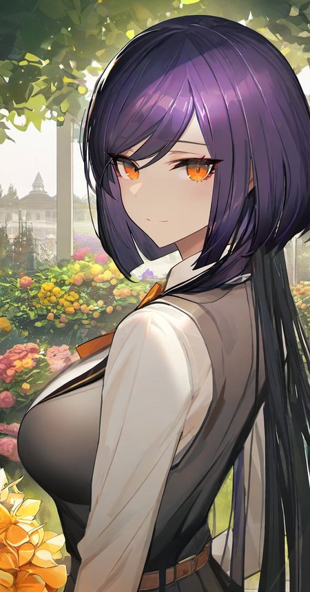 kuragecut,1girl,solo,((bob_cut,very long hair, long hair)),looking at viewer,  purple hair , upper body ,breasts,large breasts ,from behind , swept bangs, orange eyes , garden,outdoors,school uniform, best_quality,masterpiece,modern
<lora:kuragecut_v1_illustrious_xl:1>,diyokama, au (d elete), liduke, rella
