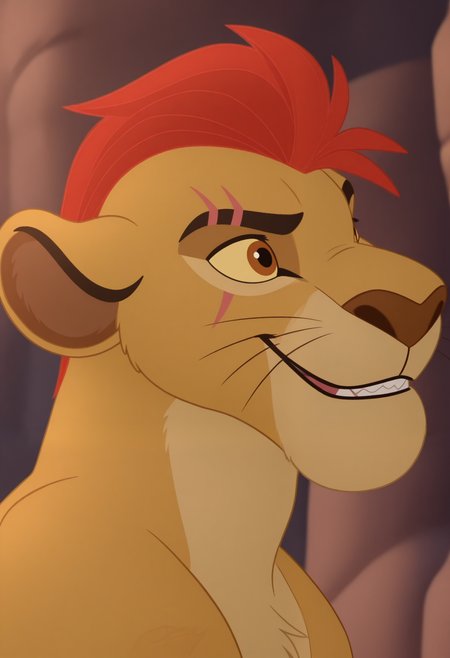 masterpiece,best quality,amazing quality, 1boy, solo, k10n, anthro lion, bara, brown fur, colored sclera, brown eyes, kion's scar, red mohawk, lion tattoo, close up, side angle, smirk,