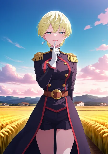 1girl, <lora:tenka_sn40:0.9>, tenkzumo, blonde hair, single earring, military uniform dress, epaulettes, black shorts, brown belt, white gloves, smile, looking at viewer, finger to lip, side front view, slightly open mouth, hand behind back,
standing, straight shot, cowboy shot, anime screencap, anime coloring, detailed, clean linework, shading, vibrant, atmospheric, wind, cinematic lighting,
rural farmland background, wheat fields, blue sky, clouds, looking at viewer,
high resolution, ultra-detailed, absurdres, masterpiece, best quality, good quality, newest, vibrant, colorful,