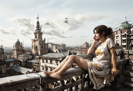 A beautiful woman is sitting astride on a bench without backrest  on a flat rooftop. She is shielding her eyes from the light of the setting sun with her hand while she looks in the distance. Her hair are moved by the breeze. She is wearing an oversized short sleeve tshirt. Bare legs and feet. Golden hour. In the background are visible other rooftops of a fantasy city and a summer sky