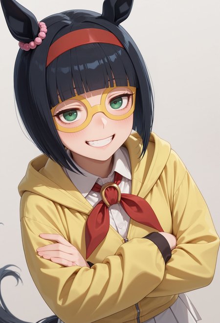 masterpiece, best quality, amazing quality, very awa,absurdres,newest,very aesthetic, looking at viewer,
dynamic angle, arms crossed, white background, blush, upper body, simple background, grin, smile, 
 <lora:Mini the Lady noob:0.9> 1girl, girls, short hair, bob cut, blunt bangs, black hair, red hairband, animal ears, horse girl, horse tail, green eyes, teeth, ear ornament, yellow glasses, hooded jacket, hood, yellow jacket, collared shirt, long sleeves, red neckerchief, white skirt, pleated skirt,