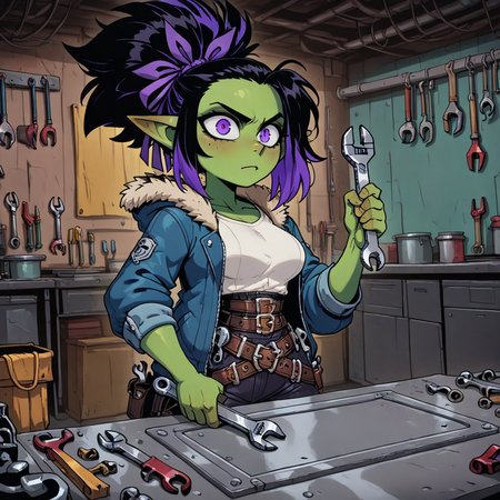masterpiece, best quality, newest, absurdres, highres, ZANV1.0, 1girl, goblin, shortstack, hair ribbon, tied hair, green skin, green colored skin, two-tone hair, purple hair, black hair, purple eyes, purple ribbon, shirt, jacket, belt, multiple belts, medium breasts, blue jacket, fur-trimmed jacket, hooded jacket, pointy ears, holding wrench, rench, tools, workshop