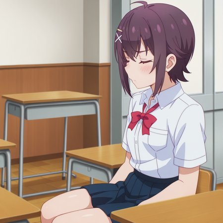 nsfw, masterpiece, best quality, 1girl, solo, the_dreaming_boy_is_a_realist_kei_ashida, full body, sitting, on school chair, school table, 
,closed eyes, hair ornament, short hair, indoors, shirt, white shirt, school uniform, closed mouth, x hair ornament, hairclip, red ribbon, ribbon, blush, bangs, neck ribbon, collared shirt, skirt, class, classmate, <lora:Kei_Ashida_-_The_Dreaming_Boy_Is_a_Realist:0.7>