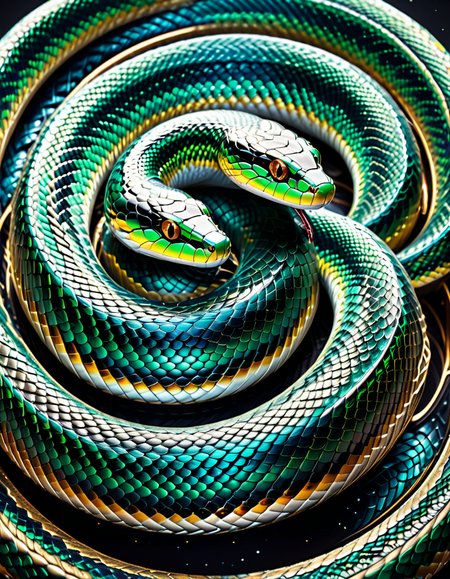"A mesmerizing serpent forming an infinite loop (â), its scales reflecting fractals, galaxies, and microscopic worlds, glowing iridescently, surrounded by a cosmic void, interactive textures emitting soft vibrations, surreal blend of science fiction and nature, ultradetailed and captivating design." <lora:SDXLFaeTastic2400:0.4> <lora:extremely_detailed:0.4> extremely detailed, <lora:sn4ke:1>,sn4ke, Masterpiece,best quality,hi res,8k,hi res,8k,award winning,(sharp focus, intricate, highly detailed),