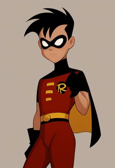 score_9, score_8_up, score_7_up, highly detailed,CuteCartoonStyle, cute boy, 1boy, solo, black hair, Robin, Domino Mask, Gloves, black and yellow Cape, red pants,
