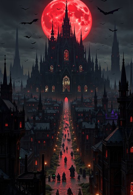 Vladarh, a sprawling gothic city shrouded in darkness, rises from a desolate landscape, its towering spires and twisted architecture casting long shadows under a blood-red moon. Dark, gothic buildings with sharp, jagged rooftops are decorated with gargoyles and iron-wrought balconies, their windows glowing faintly with ominous red and green lights. Bats swarm above, filling the air with their screeches as they circle the grand cathedral at the city's center, its massive stained-glass windows depicting scenes of ancient horrors. Mist creeps along the cobblestone streets, hiding spectral figures and shadowy creatures that lurk in the alleys. The atmosphere is thick with dread, the city breathing an eerie stillness occasionally broken by distant screams or the sound of rattling chains. Shadows move as if alive, and eerie green and purple lanterns cast haunting glows throughout the narrow streets, amplifying the city’s dark, foreboding allure. masterpiece, maximum image detail, 8K high definition, gothic architecture, blood-red moon, bats, dark fantasy, haunted atmosphere, misty streets, eerie lighting, gothic horror, gargoyles, haunted cathedral, cobblestone paths, shadows, ultra-realistic